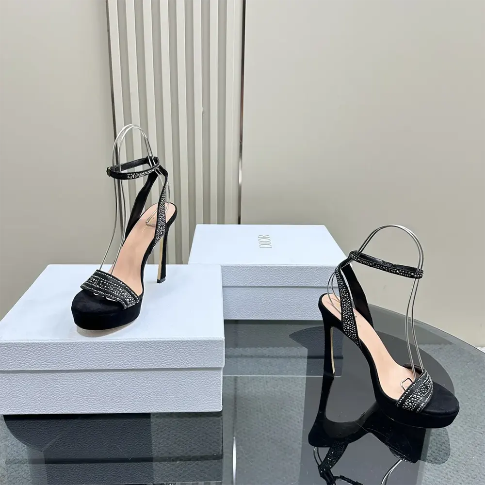 Dior Women Or Dway Heeled Sandal Black Cotton Embroidered with Thread and  Silver-Tone Strass