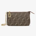 Fendi Women Baguette Pouch Brown Jacquard FF Fabric Clutch with Chain