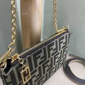 Fendi Women Baguette Pouch Brown Jacquard FF Fabric Clutch with Chain