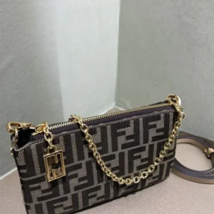Fendi Women Baguette Pouch Brown Jacquard FF Fabric Clutch with Chain
