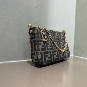 Fendi Women Baguette Pouch Brown Jacquard FF Fabric Clutch with Chain