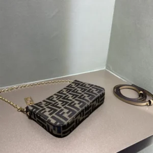 Fendi Women Baguette Pouch Brown Jacquard FF Fabric Clutch with Chain
