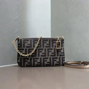 Fendi Women Baguette Pouch Brown Jacquard FF Fabric Clutch with Chain