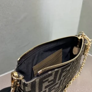 Fendi Women Baguette Pouch Brown Jacquard FF Fabric Clutch with Chain