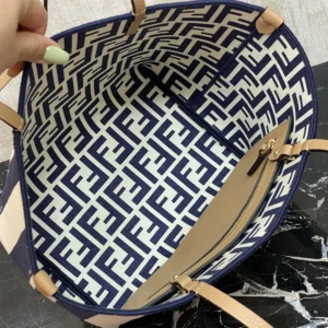 Fendi Women Small Roll Reversible Shopper in Pequin Striped and Midnight Blue FF Fabric
