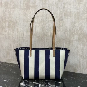 Fendi Women Small Roll Reversible Shopper in Pequin Striped and Midnight Blue FF Fabric