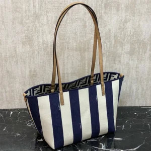 Fendi Women Small Roll Reversible Shopper in Pequin Striped and Midnight Blue FF Fabric