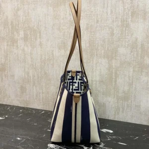Fendi Women Small Roll Reversible Shopper in Pequin Striped and Midnight Blue FF Fabric
