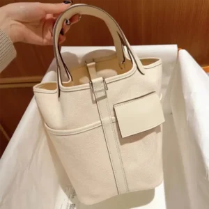 Hermes Women Picotin Lock 18 Pockets in Goeran Canvas Leather-White