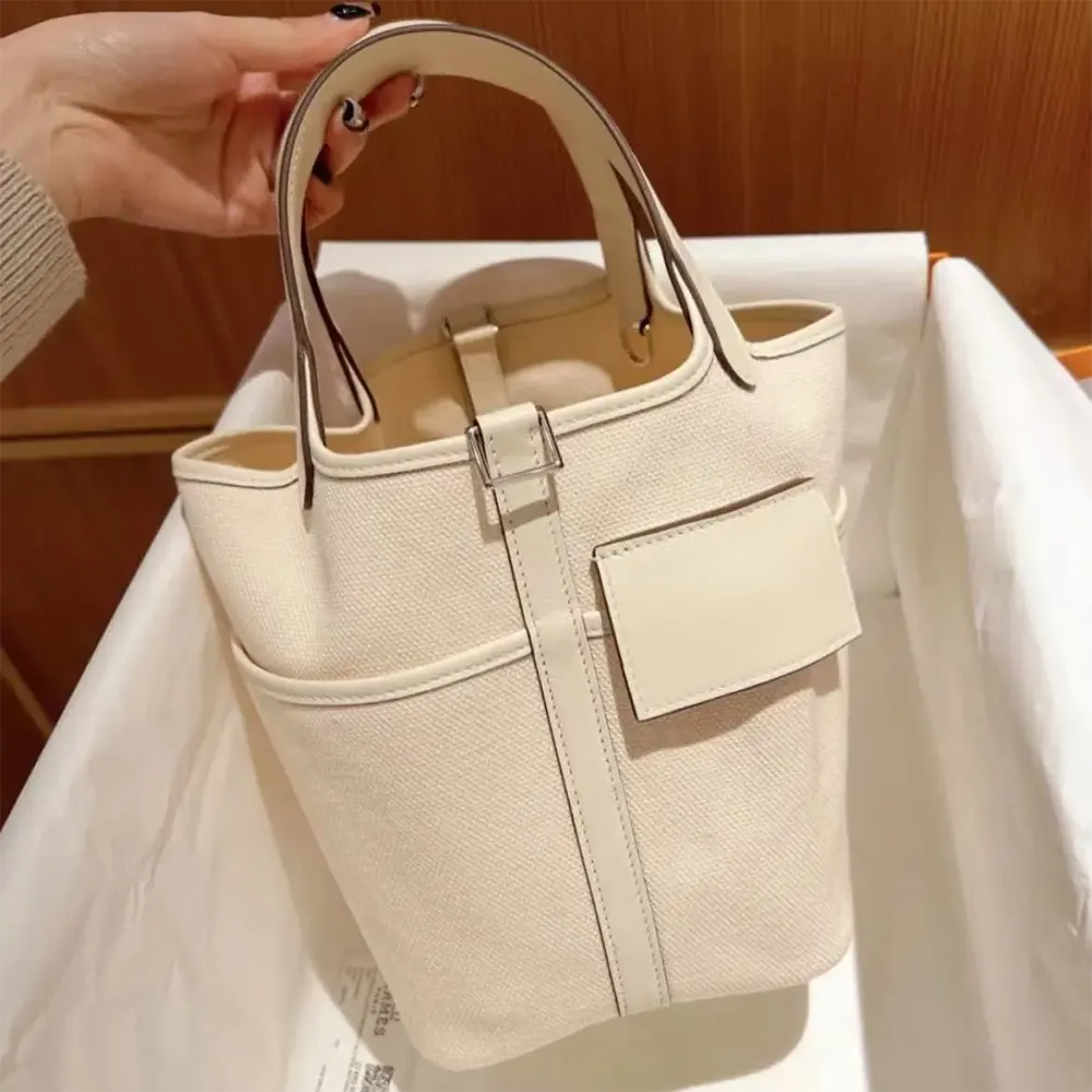 Hermes Women Picotin Lock 18 Pockets in Goeran Canvas Leather-White 2 Hermes Women Picotin Lock 18 Pockets in Goeran Canvas Leather-White