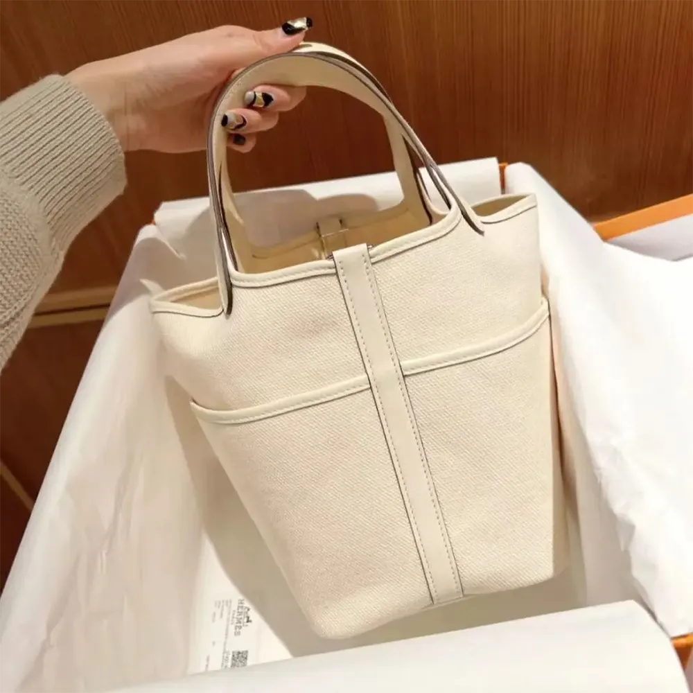 Hermes Women Picotin Lock 18 Pockets in Goeran Canvas Leather-White 3 Hermes Women Picotin Lock 18 Pockets in Goeran Canvas Leather-White