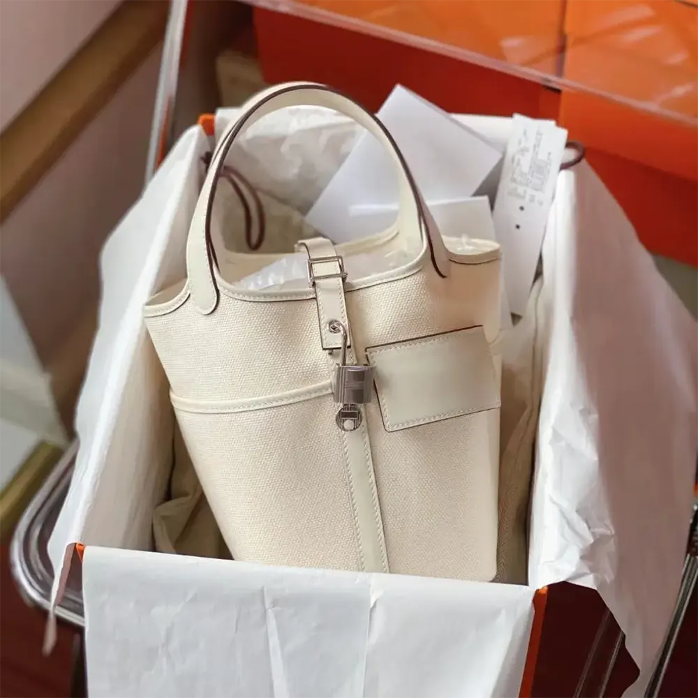 Hermes Women Picotin Lock 18 Pockets in Goeran Canvas Leather-White 4 Hermes Women Picotin Lock 18 Pockets in Goeran Canvas Leather-White