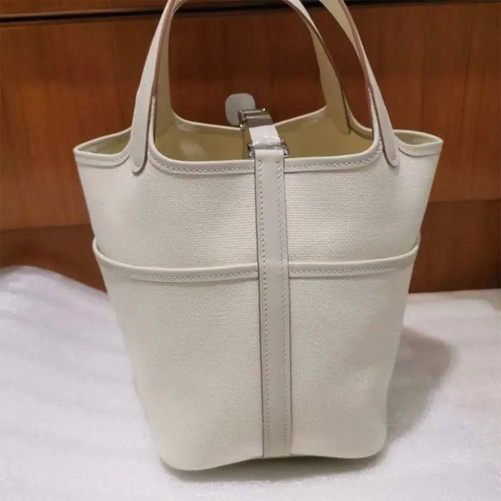 Hermes Women Picotin Lock 18 Pockets in Goeran Canvas Leather-White 6 Hermes Women Picotin Lock 18 Pockets in Goeran Canvas Leather-White