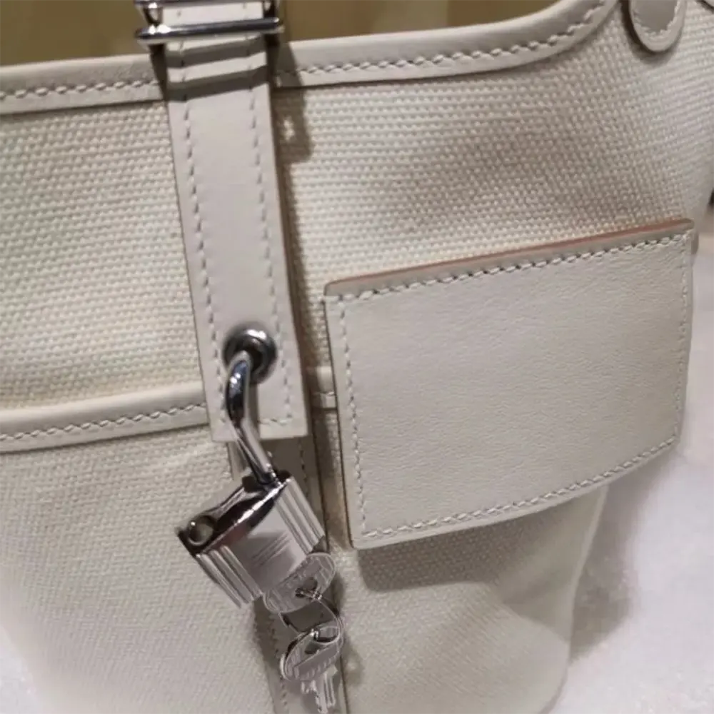 Hermes Women Picotin Lock 18 Pockets in Goeran Canvas Leather-White 8 Hermes Women Picotin Lock 18 Pockets in Goeran Canvas Leather-White