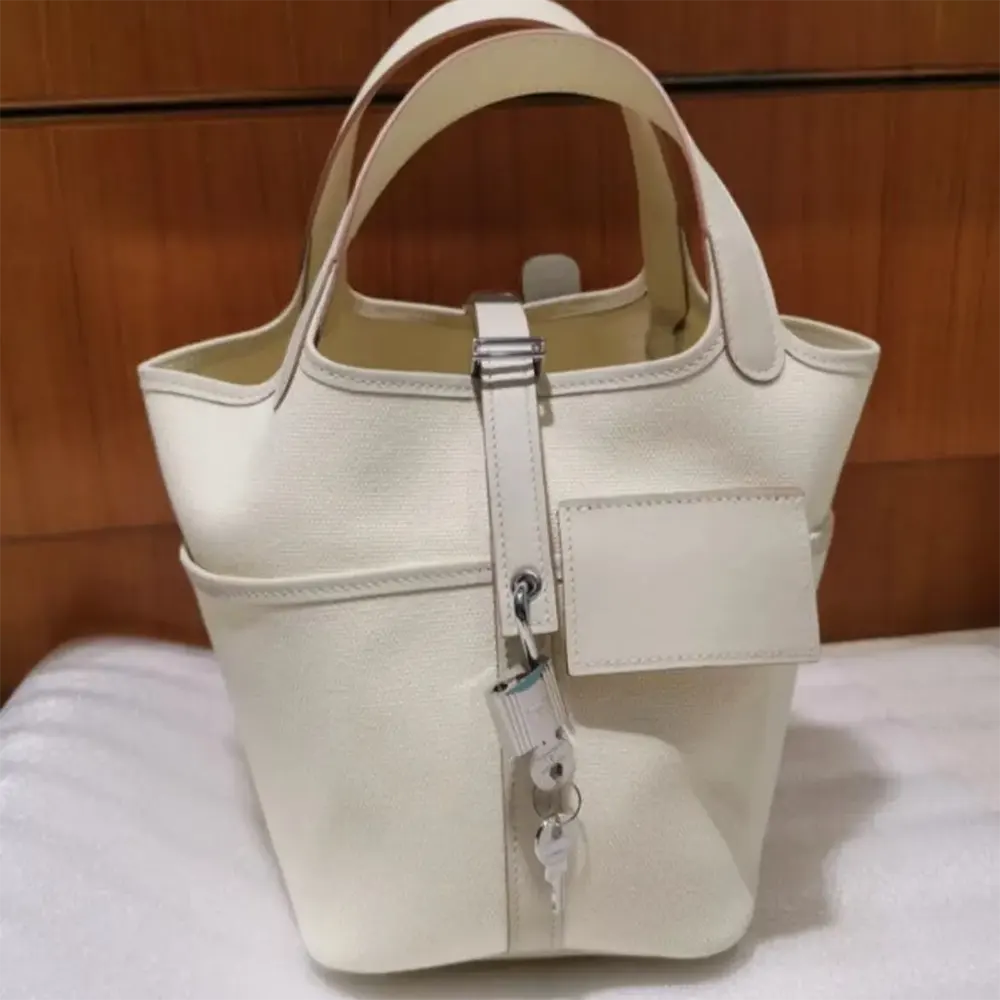 Hermes Women Picotin Lock 18 Pockets in Goeran Canvas Leather-White 5 Hermes Women Picotin Lock 18 Pockets in Goeran Canvas Leather-White