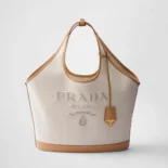 Prada Women Large Linen Blend and Leather Tote Bag 1BG4722DLIF0018VOAH