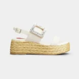 Roger Vivier Women Strass Buckle Raffia Wedge Sandals in Leather RVW73438780BSSC019