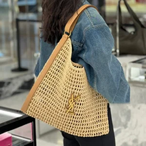 Saint Laurent YSL Women Oxalis in Raffia Crochet and Leather 773984GAAEB9718