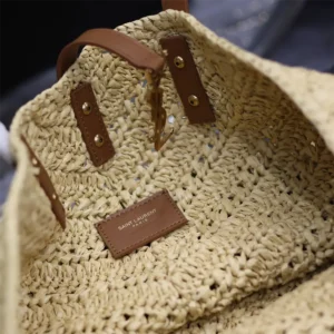 Saint Laurent YSL Women Panier Medium in Raffia and Vegetable-tanned Leather