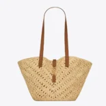 Saint Laurent YSL Women Panier Small in Raffia and Vegetable-tanned Leather