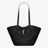 Saint Laurent YSL Women Panier Small in Raffia and Vegetable-tanned Leather-Black