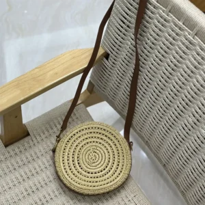 Saint Laurent YSL Women Round Bag in Raffia and Vegetable-Tanned Leather