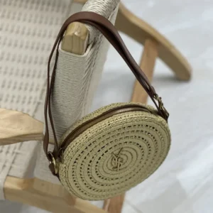 Saint Laurent YSL Women Round Bag in Raffia and Vegetable-Tanned Leather