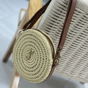 Saint Laurent YSL Women Round Bag in Raffia and Vegetable-Tanned Leather