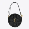 Saint Laurent YSL Women Round Bag in Raffia and Vegetable-Tanned Leather-Black