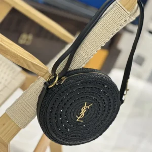 Saint Laurent YSL Women Round Bag in Raffia and Vegetable-Tanned Leather-Black