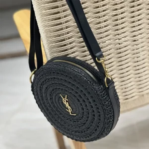 Saint Laurent YSL Women Round Bag in Raffia and Vegetable-Tanned Leather-Black