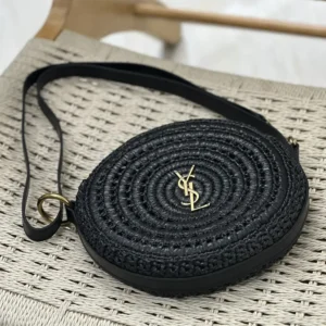 Saint Laurent YSL Women Round Bag in Raffia and Vegetable-Tanned Leather-Black
