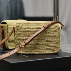 Saint Laurent YSL Women Solferino Medium in Raffia and Vegetable-tanned Leather