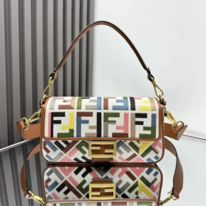 Fendi Women Baguette Canvas Bag with Multicolor FF Embroidery