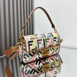 Fendi Women Baguette Canvas Bag with Multicolor FF Embroidery