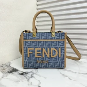 Fendi Women Sunshine Small Light Blue FF Denim Fabric Shopper