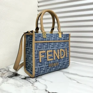 Fendi Women Sunshine Small Light Blue FF Denim Fabric Shopper