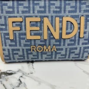Fendi Women Sunshine Small Light Blue FF Denim Fabric Shopper