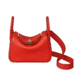 Hermes Women Lindy Mini 19 in Clemence Leather-RedGold
