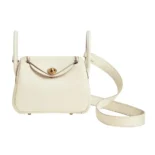 Hermes Women Lindy Mini 19 in Clemence Leather-White/Gold