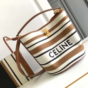 Celine Women Bucket 16 Bag in Striped Textile with Celine Jacquard