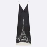 Dior Women A-Line Mid-Length Dress Black and White Silk Twill with Paris Motif