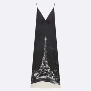 Dior Women A-Line Mid-Length Dress Black and White Silk Twill with Paris Motif