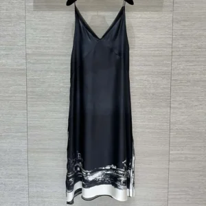 Dior Women A-Line Mid-Length Dress Black and White Silk Twill with Paris Motif