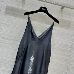 Dior Women A-Line Mid-Length Dress Black and White Silk Twill with Paris Motif
