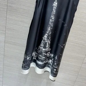 Dior Women A-Line Mid-Length Dress Black and White Silk Twill with Paris Motif