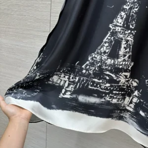Dior Women A-Line Mid-Length Dress Black and White Silk Twill with Paris Motif