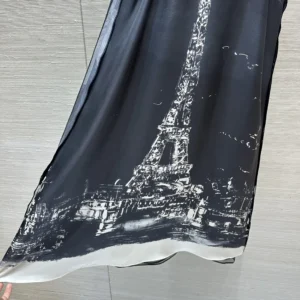Dior Women A-Line Mid-Length Dress Black and White Silk Twill with Paris Motif