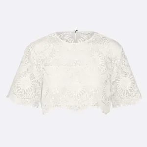 Dior Women Dioriviera Cropped Short-Sleeved Top Ecru Toile de Jouy Soleil Technical Cotton Lace