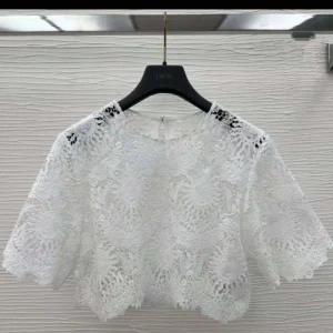 Dior Women Dioriviera Cropped Short-Sleeved Top Ecru Toile de Jouy Soleil Technical Cotton Lace